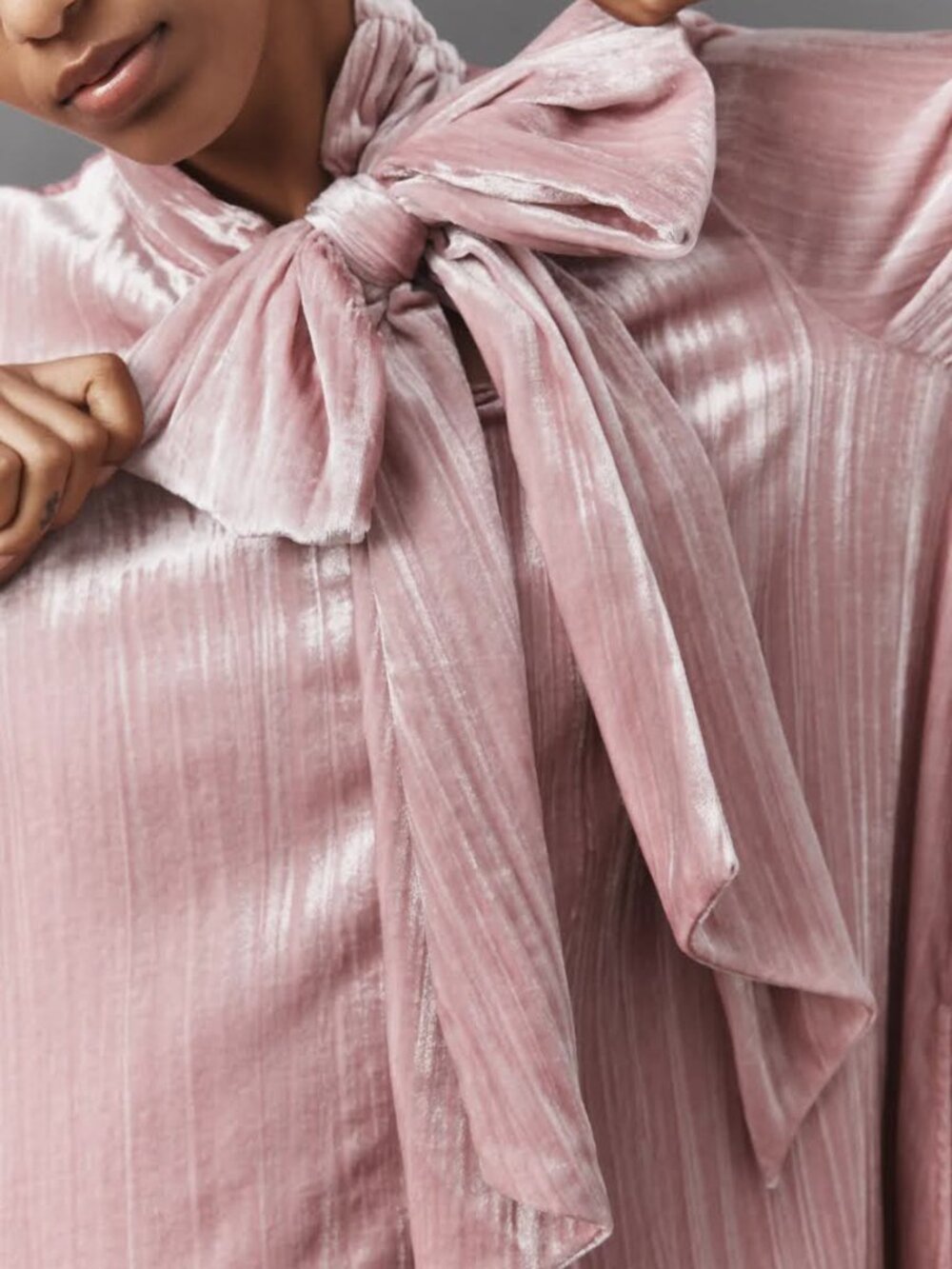 Maeve Velvet Mini Dress Pink Tie Neck Long Sleeve Anthropologie M Romantic - Picture 6 of 11